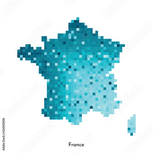 Vector isolated geometric illustration with simplified icy blue silhouette of France map. Pixel art style for NFT template. Dotted logo with gradient texture for design on white background © Olli