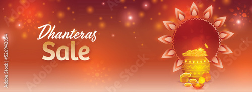 Dhanteras Sale Banner Or Header Design With Gold Coins Pot, Lit Oil Lamp (Diya) And Floral Frame On Brown Lights Effect Background.