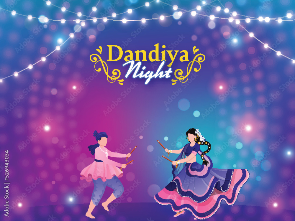 Dandiya Night Celebration Background Decorated With Lighting Garland And Faceless Indian Couple Dancing Together.