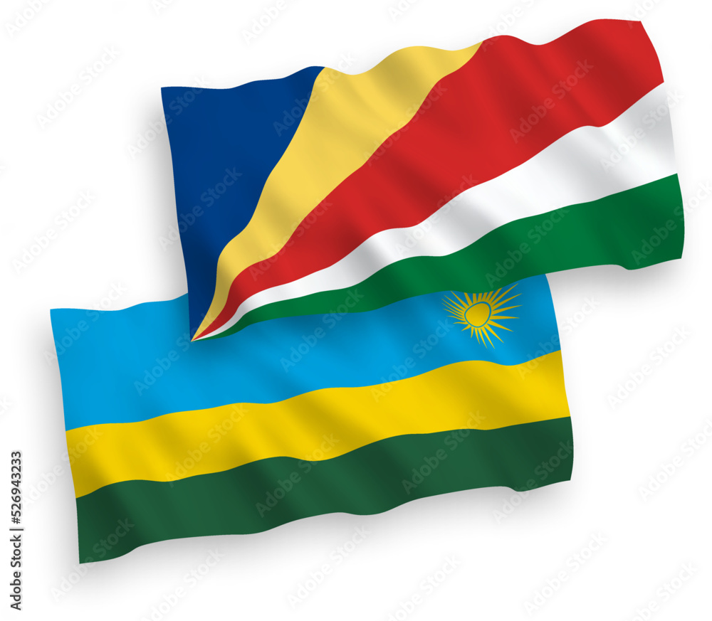 National vector fabric wave flags of Republic of Rwanda and Seychelles isolated on white background. 1 to 2 proportion. National vector fabric wave flags of Republic of Rwanda and Seychelles isolated on white background. 1 to 2 proportion.
