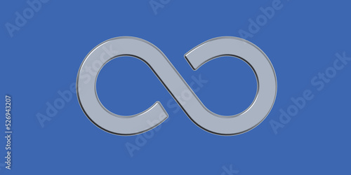 The sign of infinity is silver, isolated on a blue background. Symbol of infinity. Banner for insertion into site. Place for text cope space. 3D image. 3D rendering.