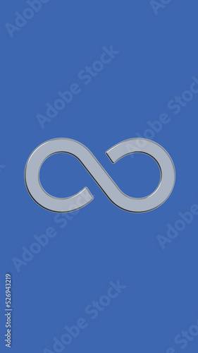 The sign of infinity is silver, isolated on a blue background. Symbol of infinity. Vertical image. 3D image. 3D rendering.
