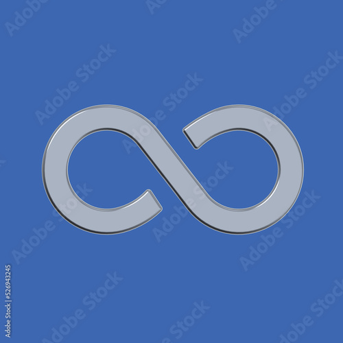 The sign of infinity is silver, isolated on a blue background. Symbol of infinity. Square image. 3D image. 3D rendering.