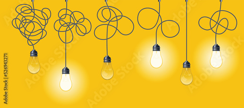 Decorative design lightbulb set. Messy lines and bulb. Idea concept with outline lamps. Doodles tangled cord with knot and illuminator