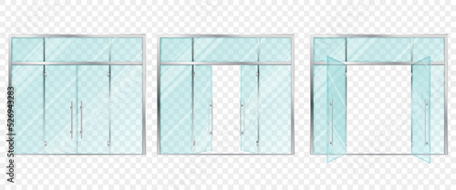 Double panoramic glass doors. Office or supermarket entrance. Mockup entrance double door for store, shop or fashion boutique. Vector transparent glass