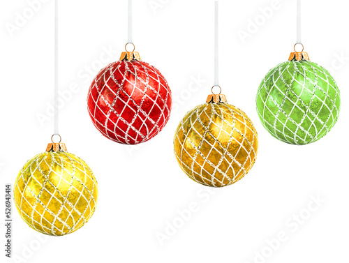 four Christmas ornaments hanging on a white isolated background