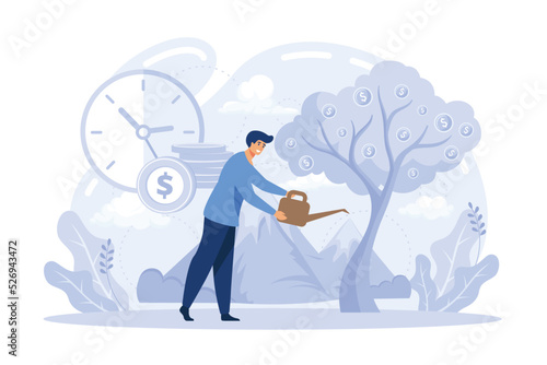 Active income obtained in course of certain activity using your knowledge and skills, getting paid for work. Works, earns salary. flat vector illustration