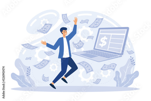 Financial analyst with magnifier looking at cash flow statement on clipboard. Cash flow statement, cash flow management, financial plan concept. flat vector illustration