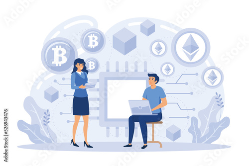 Cryptocurrency exchange platform, bitcoin transactions, cryptocurrency marketplace for exchange of Bitcoin and digital currencies working on laptop computers and giant crypto coins flat illustration