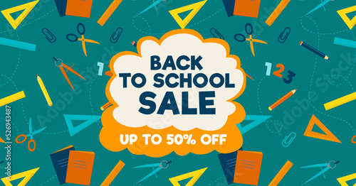 Back to school poster, banner design template for sale or promotion. Vector flat illustration of multicolour pencils, scissors, rulers. Education background.