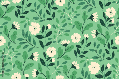 Seamless pattern with decorative flower meadow in mint green. Simple botanical background, floral print with abstract composition of wild plants, flowers, twigs, herbs and leaves. Vector.