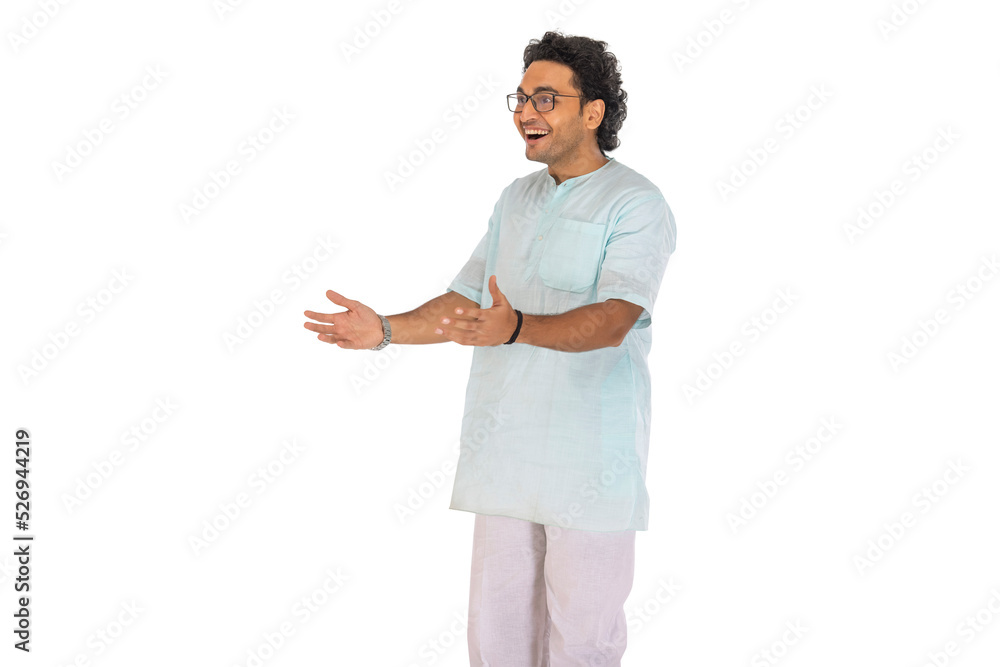 Portrait of a Bengali man gesturing against white background
