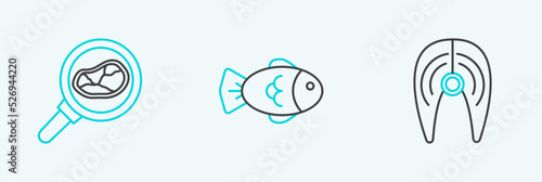 Set line Fish steak, Steak meat in frying pan and icon. Vector