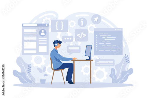 Website development, web design. Programming and coding, php and mysql development, cms development flat vector illustration