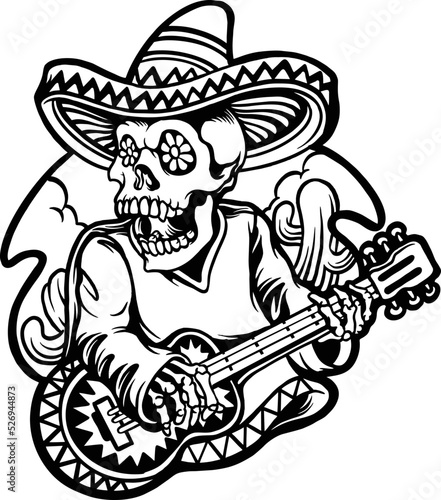 Cinco de mayo skull playing guitar character Vector illustrations for your work Logo, mascot merchandise t-shirt, stickers and Label designs, poster, greeting cards advertising business company 