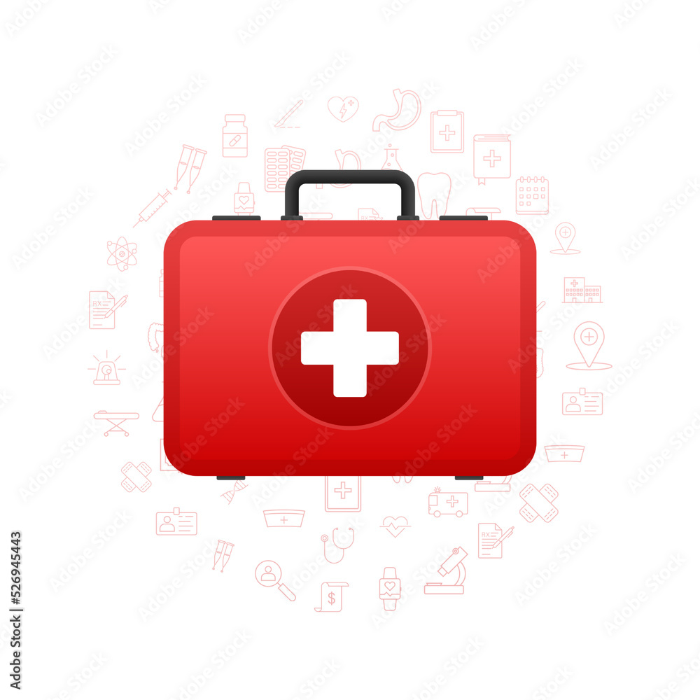 Obraz premium Cartoon icon with red first aid on white background for medical design. Flat vector illustration