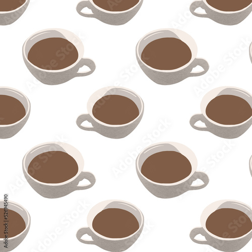 Cute cartoon cup coffee on white background pattern illustration.