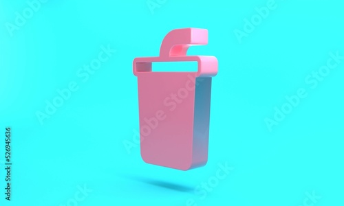 Pink Paper glass with drinking straw and water icon isolated on turquoise blue background. Soda drink glass. Fresh cold beverage symbol. Minimalism concept. 3D render illustration