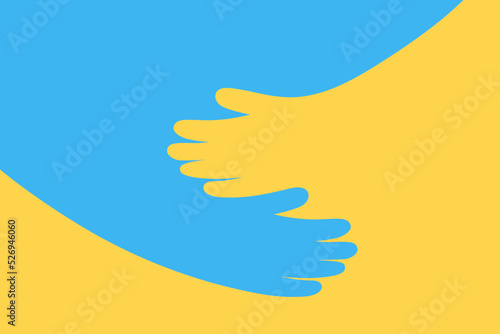 Arms hugging Ukrainian colors concept. Support help love Ukraine in fight for freedom against russian agression. Charity care symbol vector illustration.