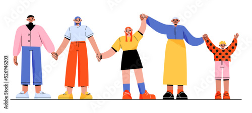 Happy people holding hands together. Senior, adult, young and kids characters group togetherness, happiness, friendship concept with men and women unity stand in row Line art flat vector illustration