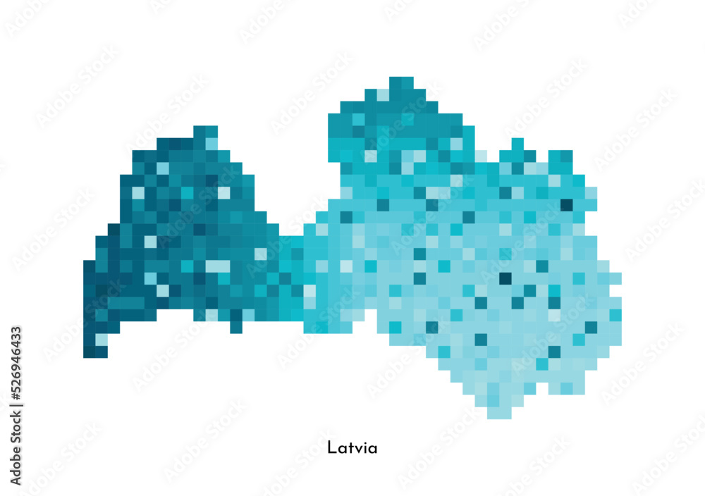 Fototapeta premium Vector isolated geometric illustration with simple icy blue shape of Latvia map. Pixel art style for NFT template. Dotted logo with gradient texture for design on white background