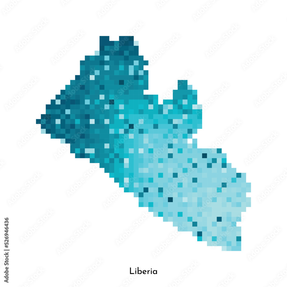 Fototapeta premium Vector isolated geometric illustration with simple icy blue shape of Liberia map. Pixel art style for NFT template. Dotted logo with gradient texture for design on white background