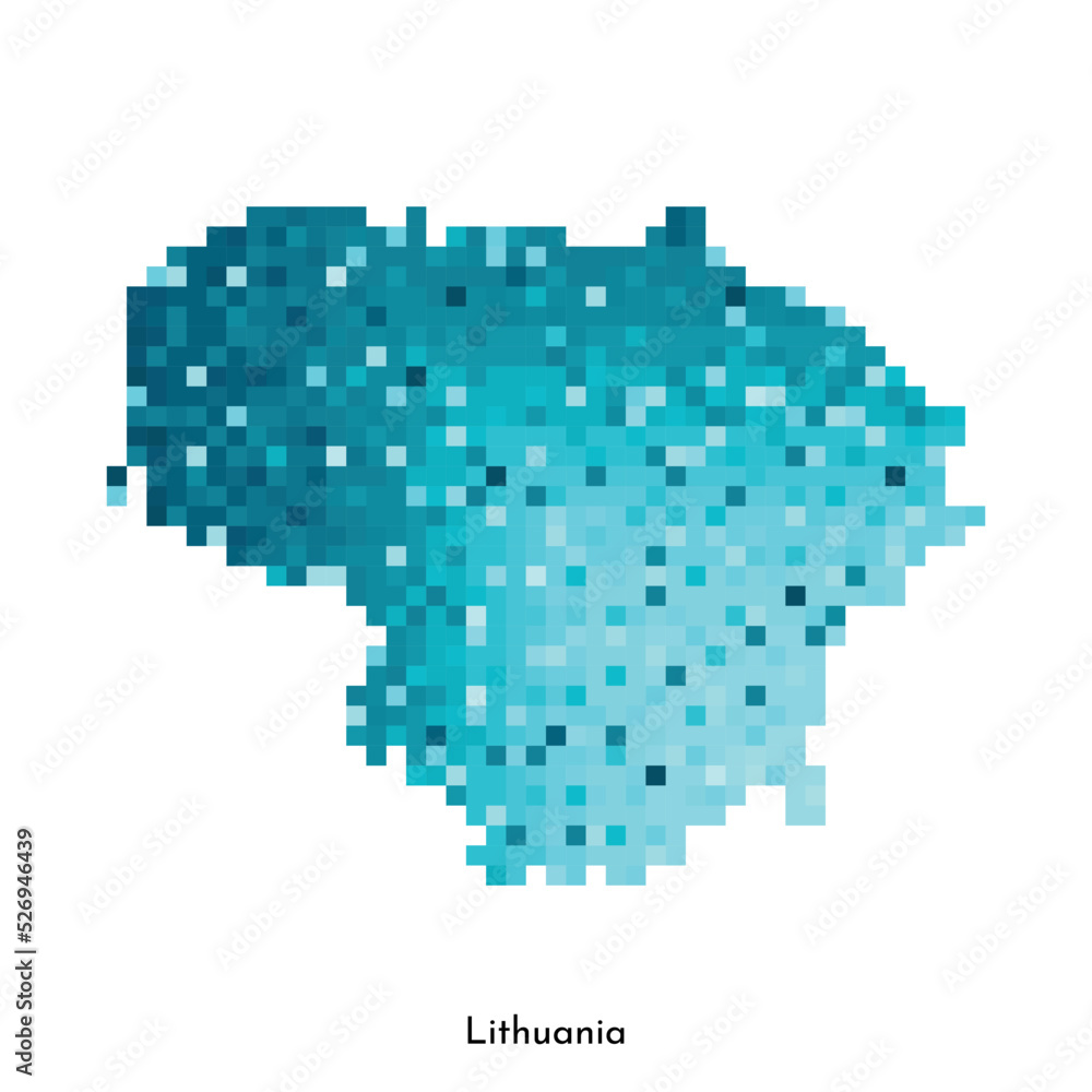 Fototapeta premium Vector isolated geometric illustration with simple icy blue shape of Lithuania map. Pixel art style for NFT template. Dotted logo with gradient texture for design on white background
