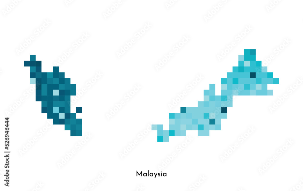 Obraz premium Vector isolated geometric illustration with simple icy blue shape of Malaysia map. Pixel art style for NFT template. Dotted logo with gradient texture for design on white background