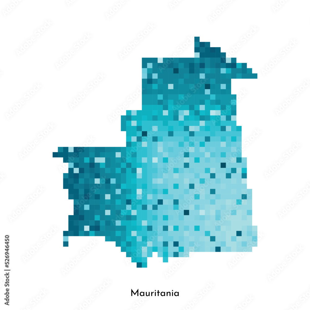 Vector isolated geometric illustration with simple icy blue shape of Mauritania map. Pixel art style for NFT template. Dotted logo with gradient texture for design on white background