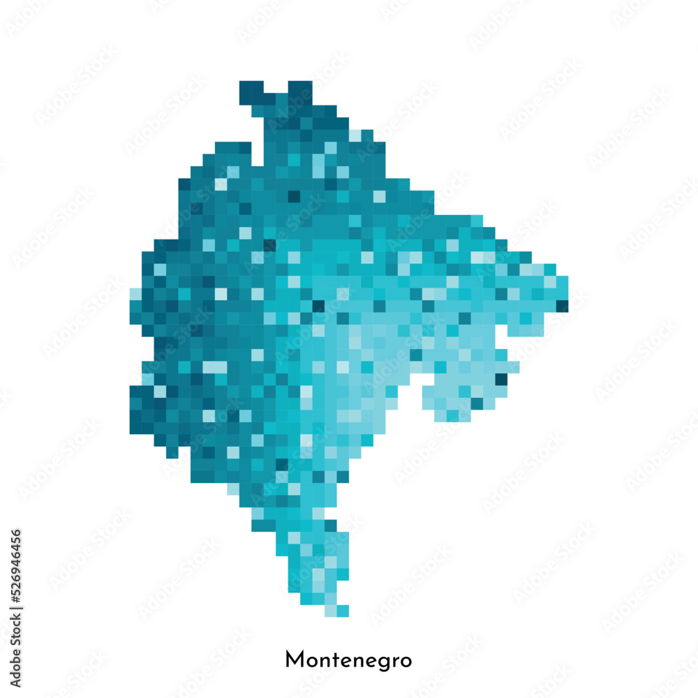 Vector isolated geometric illustration with simple icy blue shape of Montenegro map. Pixel art style for NFT template. Dotted logo with gradient texture for design on white background
