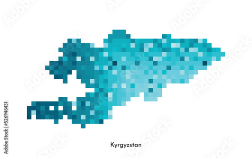 Vector isolated geometric illustration with simple icy blue shape of Kyrgyzstan map. Pixel art style for NFT template. Dotted logo with gradient texture for design on white background © Olli