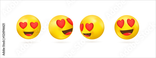 Collection of 3d yellow emoji with smile and hearts in eyes