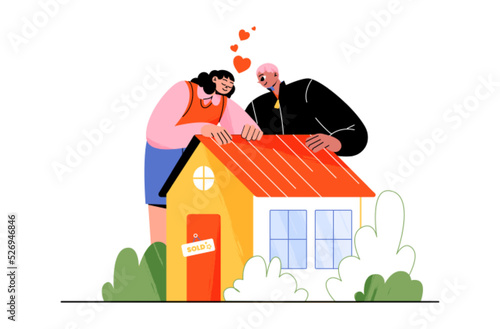 Couple buying house, real estate property purchase concept. Man and woman hugging cottage with hearts flying around and sold signboard on door. People choose home Line art flat vector illustration