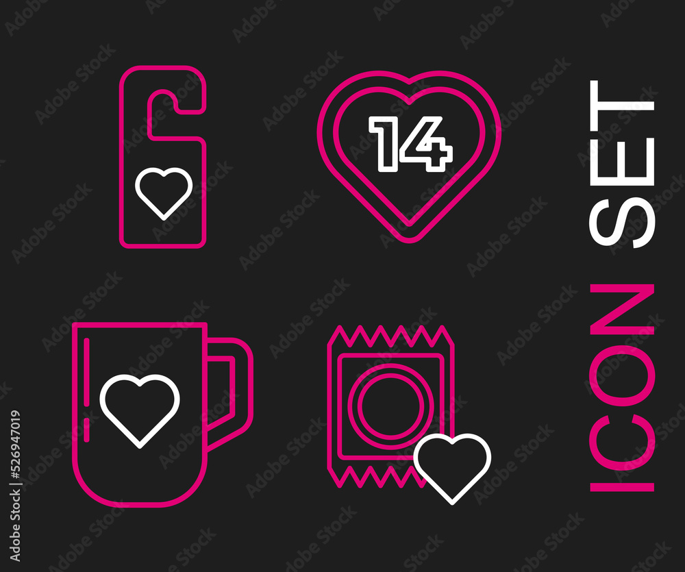 Set line Condom in package, Coffee cup and heart, Heart and Please not disturb with icon. Vector