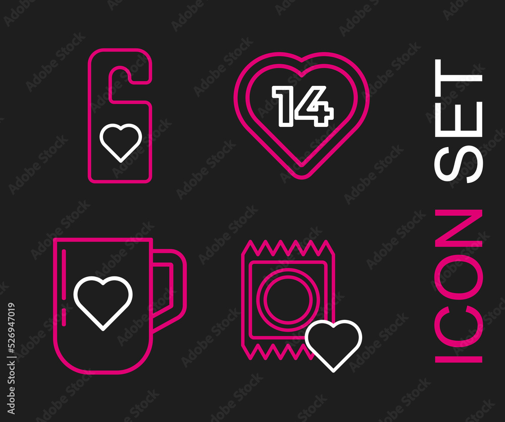 Set line Condom in package, Coffee cup and heart, Heart and Please not disturb with icon. Vector Set line Condom in package, Coffee cup and heart, Heart and Please not disturb with icon. Vector