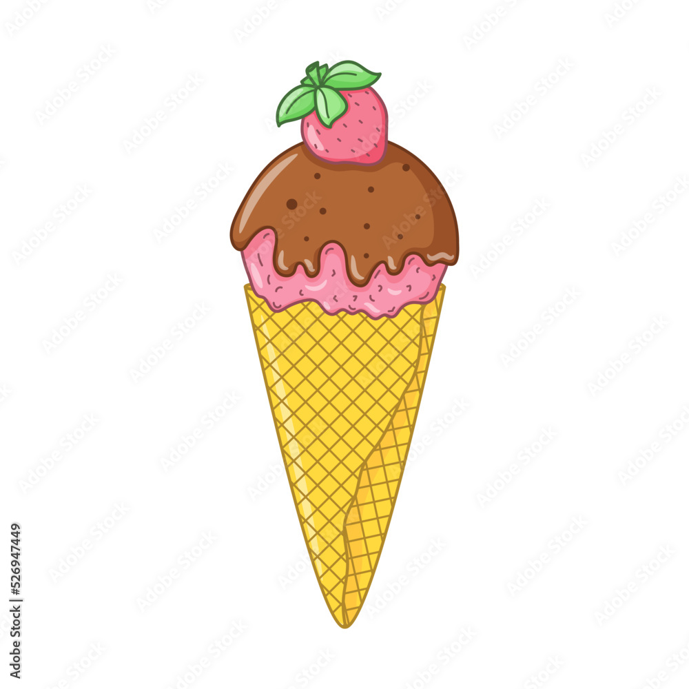Pink ice cream in a waffle cone with chocolate glaze and strawberry. Bright summer sweet food. Delicious frozen dessert. Vector colored doodle Hand drawn illustration isolated on white. Cartoon style
