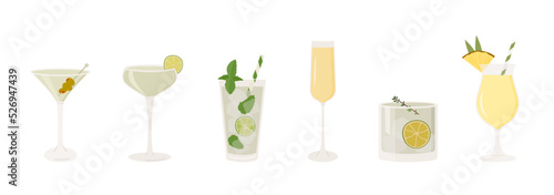 Set of classic cocktails. Different alcoholic drinks in various glasses. Summer aperitif. Mojito, Mimosa, Pina colada, Martini, Daiquiri and Margarita. Vector flat illustration of alcohol beverages.