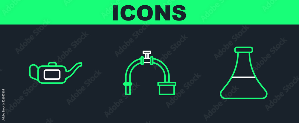 Set line Oil petrol test tube, Canister for motor oil and Industry pipe and valve icon. Vector Set line Oil petrol test tube, Canister for motor oil and Industry pipe and valve icon. Vector
