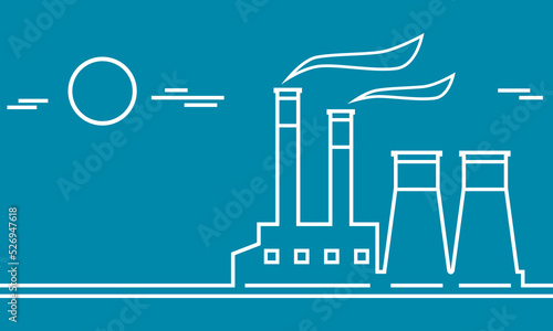White line industrial factory or power plant (powerhouse) with smoke and sun clouds environmentally friendly on blue background outline icon flat vector design.