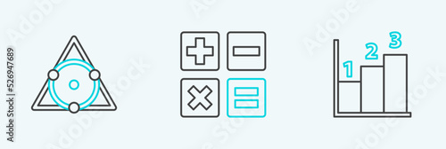 Set line Graph, schedule, chart, diagram, Triangle math and Calculator icon. Vector