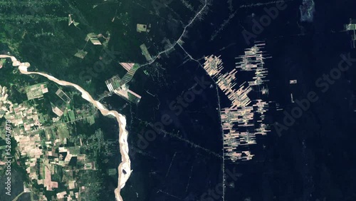 Agriculture growth and food production with deforestation time lapse sunrise aerial satellite view from sky, planet earth background. Based on images by Nasa