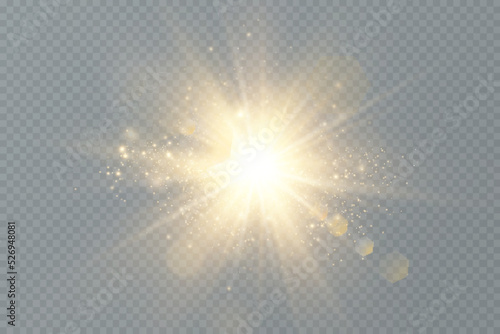 Shining golden stars. Light effects, glare, glitter, explosion, golden light. Vector illustration.