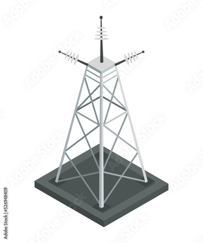 Energy power grid isometric. Power distribution element with wind and high voltage electricity grid pylon. Electric transmission network providing energy supply
