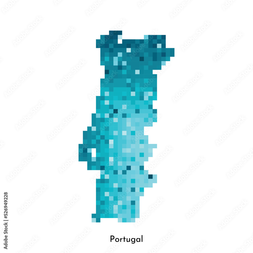 Vector isolated geometric illustration with simple icy blue shape of Portugal map. Pixel art style for NFT template. Dotted logo with gradient texture for design on white background Vector isolated geometric illustration with simple icy blue shape of Portugal map. Pixel art style for NFT template. Dotted logo with gradient texture for design on white background