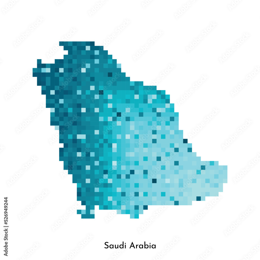Vector isolated geometric illustration with simple icy blue shape of Saudi Arabia map. Pixel art style for NFT template. Dotted logo with gradient texture for design on white background