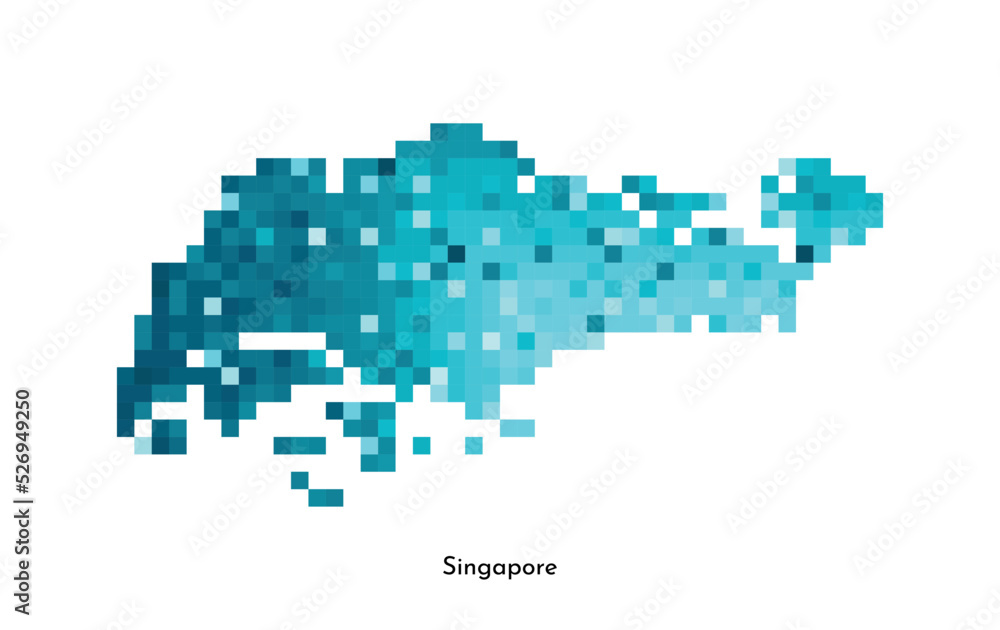 Vector isolated geometric illustration with simple icy blue shape of Singapore map. Pixel art style for NFT template. Dotted logo with gradient texture for design on white background