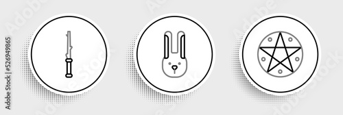 Set line Pentagram in a circle, Magic wand and Rabbit with ears icon. Vector