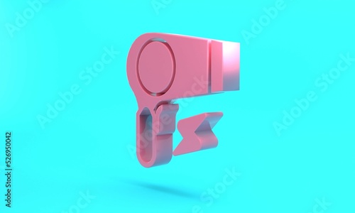 Pink Hair dryer icon isolated on turquoise blue background. Hairdryer sign. Hair drying symbol. Blowing hot air. Minimalism concept. 3D render illustration
