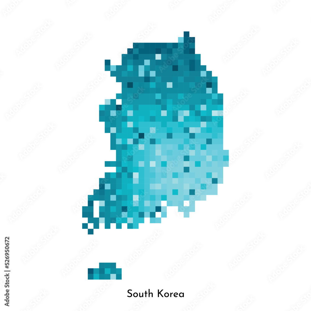 Fototapeta premium Vector isolated geometric illustration with simple icy blue shape of South Korea map. Pixel art style for NFT template. Dotted logo with gradient texture for design on white background