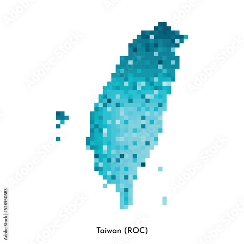 Vector isolated geometric illustration with simple icy blue shape of Taiwan (ROC) map. Pixel art style for NFT template. Dotted logo with gradient texture for design on white background